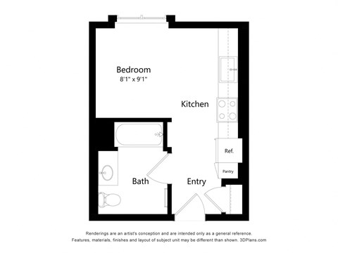 Floor plan for studio, 1 bath, 353 sqft